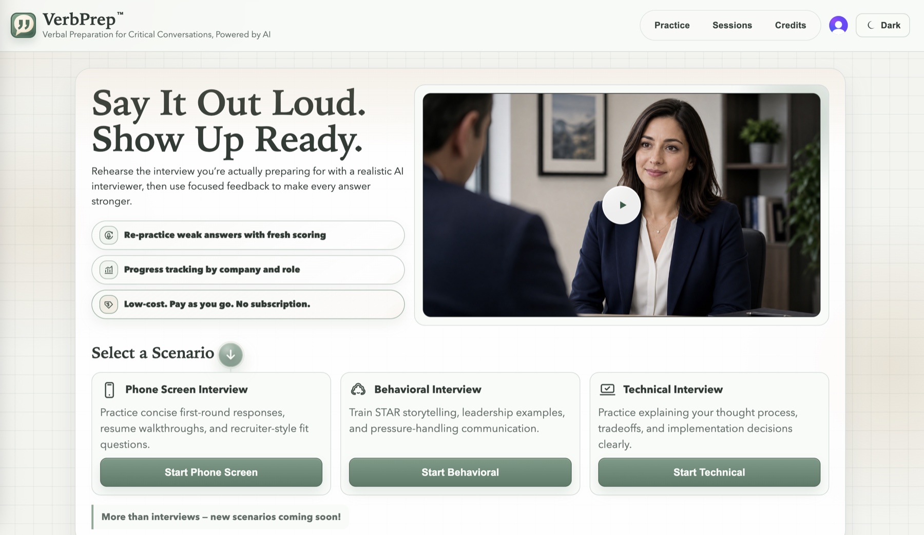VerbPrep homepage showing AI interview practice scenarios